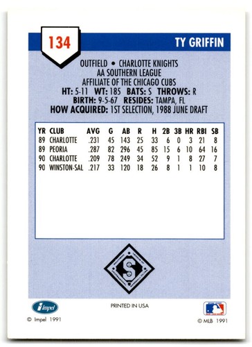 1991 Line Drive AA #134 Ty Griffin - Afbeelding 2 van 2