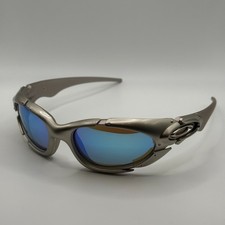 Oakley Plate Sunglasses Silver Metal Frame Blue Polarized Y2K Wrap Sport Mens