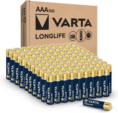Varta Longlife AAA Batteries (100 Pack), Alkaline Triple A Battery 