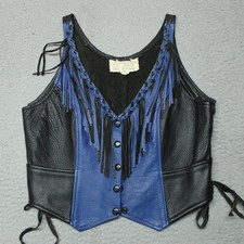 Vintage Chaps Bags Biker Vest Womens M Black Blue Leather Fringe Western