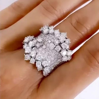 4Ct Round Cut Real Moissanite Cluster Flower Cocktail Ring 14K White Gold Plated