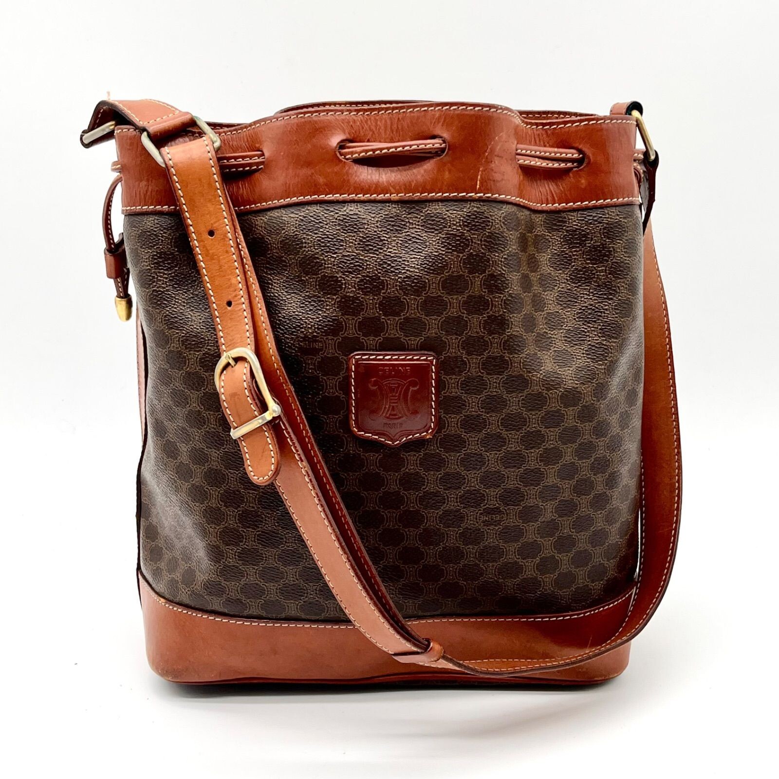 CELINE Macadam Drawstring Shoulder Bag Brown PVC Leather Vintage Auth