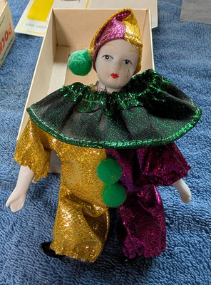 VINTAGE 5 1/2'' Harlequin Mardi Gras Jester Clown Porcelain Doll 