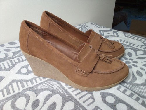 MIA Chocolate Brown Suede Tassel Wedge Heeled Loafers Size 10 Pristine Cond - Picture 2 of 8