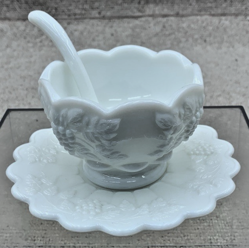 Vintage Westmoreland Milk Glass Paneled Grape Condiment Bowl Saucer & Spoon - Picture 2 of 5