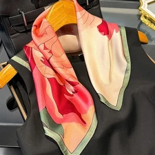 100% Silk Scarf Bandana Women Chinese Style Pink Flower Neckerchief Turban 53cm