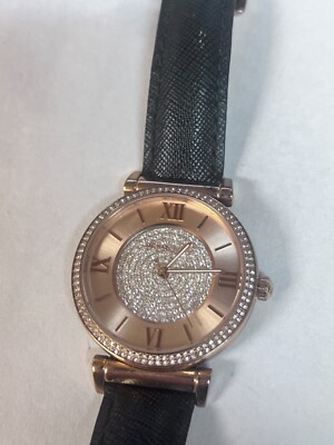 Michael Kors Rose Gold Crystal Black Leather Strap Watch