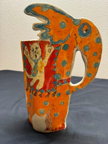 Art Pottery Water Pitcher Jug Vase Colorful Elephant Signed Bird Cat Fun Decor - Picture 4 of 9
