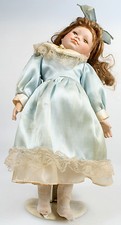 PORCELAIN DOLL W/ STAND IN LIGHT BLUE DRESS, VINTAGE