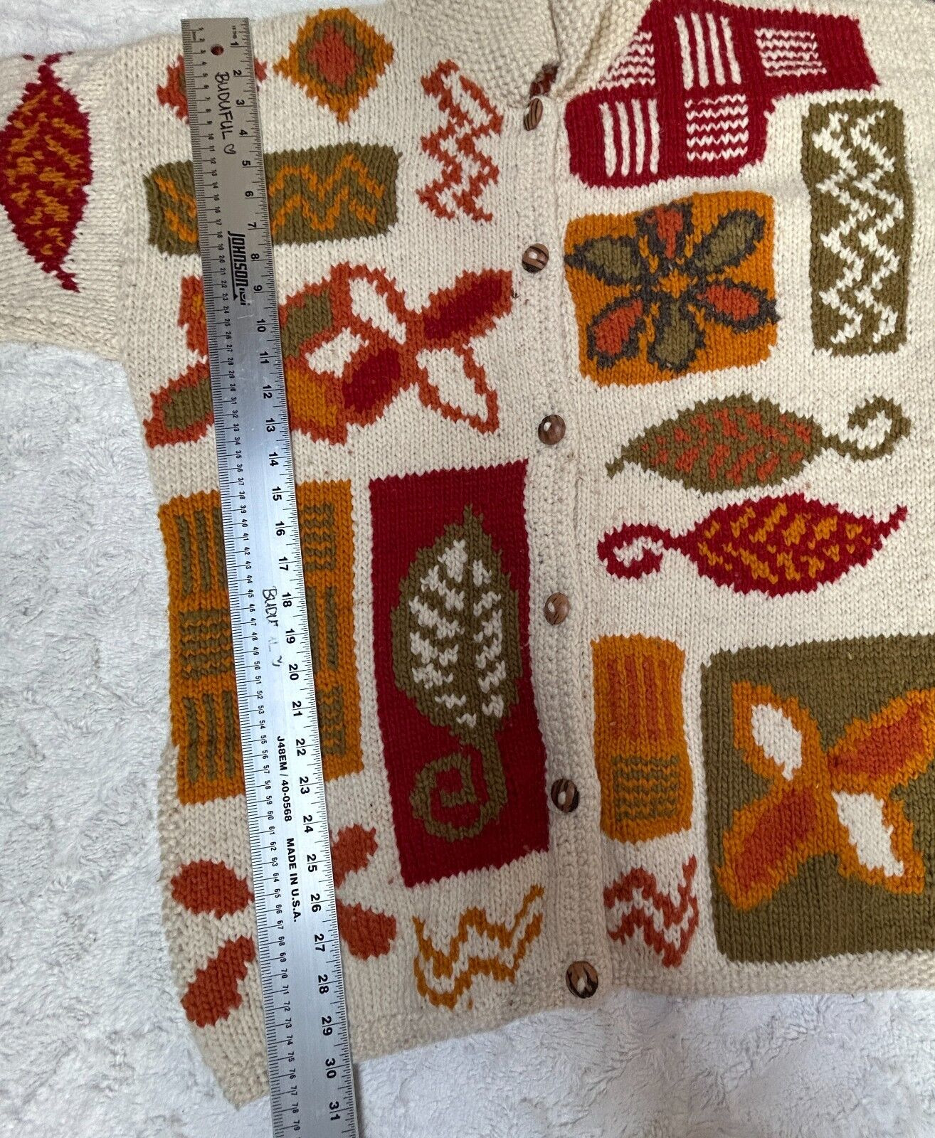 Vintage Pachamama Autumn Leaves Wool Handknit Handmade Cardigan Sweater Multi image 9