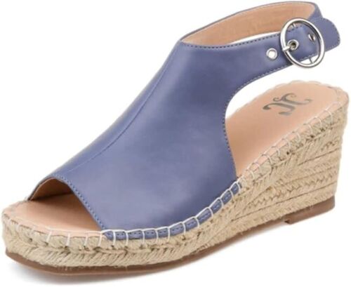 Journee Collection Womens Crew Wedge Heel Sandals Open Toe Buckle Blue Size 5.5