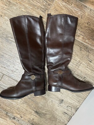 TORY BURCH BRITA Brown Leather Riding Boots Sz 7 M Gold logo tall boot Women's