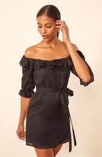 REFORMATION Black Ruffle Off Shoulder Linen LBD Dress SMALL 4/6 (NO SASH TIE)