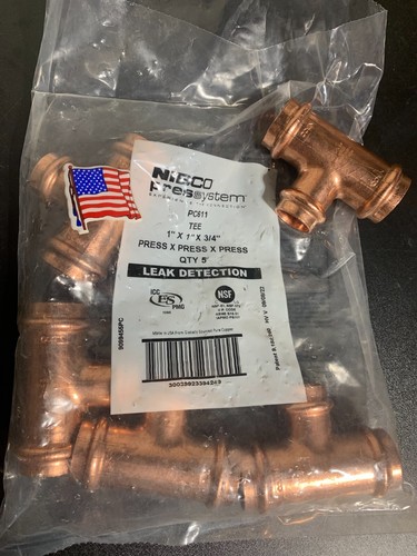 LOT 0F 5 - 1" x 1" x 3/4" NIBCO PROPRESS COPPER TEE's PRO PRESS VIEGA *USA*