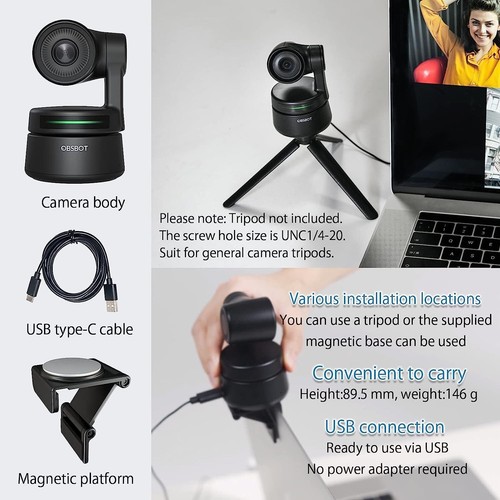 Webcam OBSBOT Tiny PTZ, encadrement et contrôle gestuel assisté par IA, Full HD - Photo 3/6