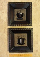 Metal Coffee Tea Cups Wall Art Set of 2 Brown Brass 3D with hangers 12" Square