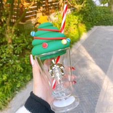 Starbucks China Goblet Cup Christmas Tree Ice Cream Glass Straw Cup Tumbler New~