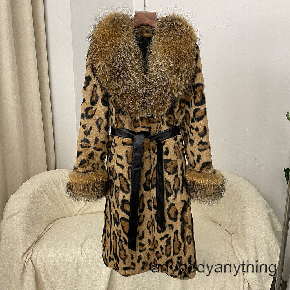 Outerwear Leopard Rabbit Fur Coat Leopard Printed Real Rabbit Fur