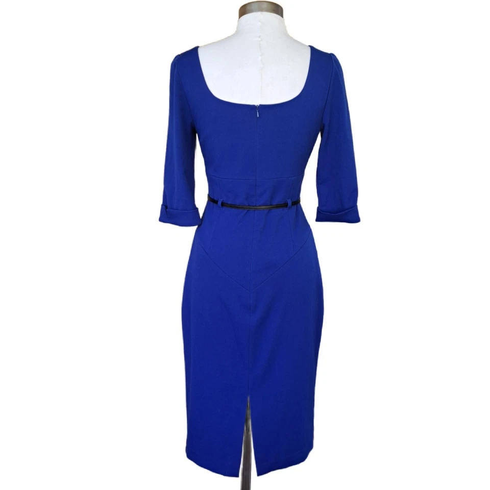 ЧЕРНЫЙ HALO 3/4 рукав Jackie O платье размер 6 в кобальтовый синий пояс оболочка $390 - Изображение 4 из 4