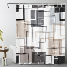 Black and Tan Geometric Shower Curtain with Hooks, Grey and White Abstract Strip