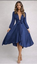 Blue High Low Dress Tie Front Long Sleeve Flowy Midi Hi-Lo Hem Dress Size M