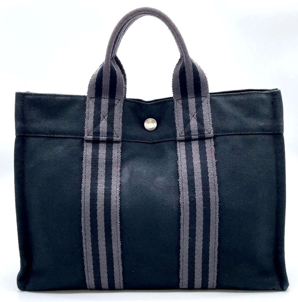 Auth HERMES Foul Tou PM Canvas Black Gray Tote Bag W/Paperbag i100848 - Image 2 of 4