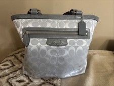 Coach Medium Silver/Gray Monogram Signature Canvas/Patent Tote Bag