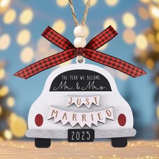 Just Married 2025 Wedding Car , Double-layer Carved Wooden Christmas Ornament