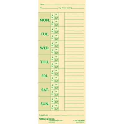 Office Depot Time Cards with Deductions Weekly Monday-Sunday Format 2-Sided 3...
