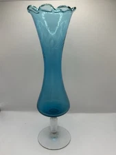 Vintage Ruffled Top Hand Blown Art Glass Pedestal Bud Vase Sky Blue Crystal