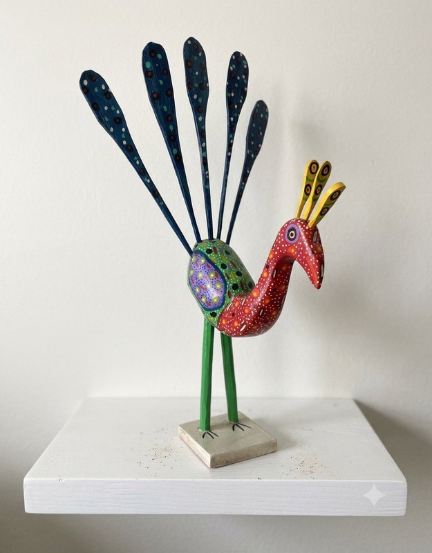 Colorful PeacockWooden Bird Figurine Multicolor Folk Art Figurine 