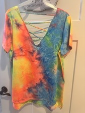 Tie Dye Rainbow V-Neck Top Women’s S Strappy Multicolor Stretch Shirt USA Made