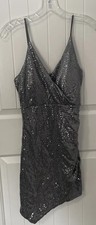 SABORA Womens Ruched Sequin Silver Bodycon Mini Dress Sparkle Size M Club Dress