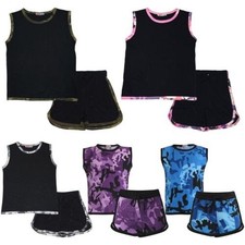 Kids Girls Shorts Set 100 Cotton Camouflage Taped Summer Vest Top Short 5-13 Yr