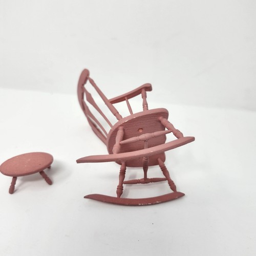 Vintage Dollhouse Miniature Pink Rocking Chair Hand Painted With Stool - Picture 14 of 20