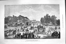 Original Old Antique Print 1879 Elephant Castle Street Scene Horses Coach 19th