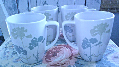 Corelle Coordinates Porcelain White Mugs Floral Design Set of 4