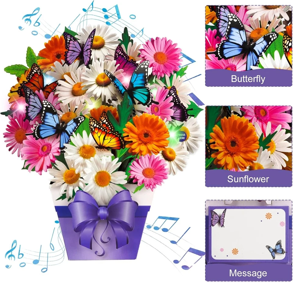 Tarjetas Pop Up Mariposa, Tarjetas de Agradecimiento con Música y Luz, Flor Rosa Foto 3 de 4