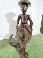 VTG Wood Carved Farmer Riding Water Buffalo Wood Sculp