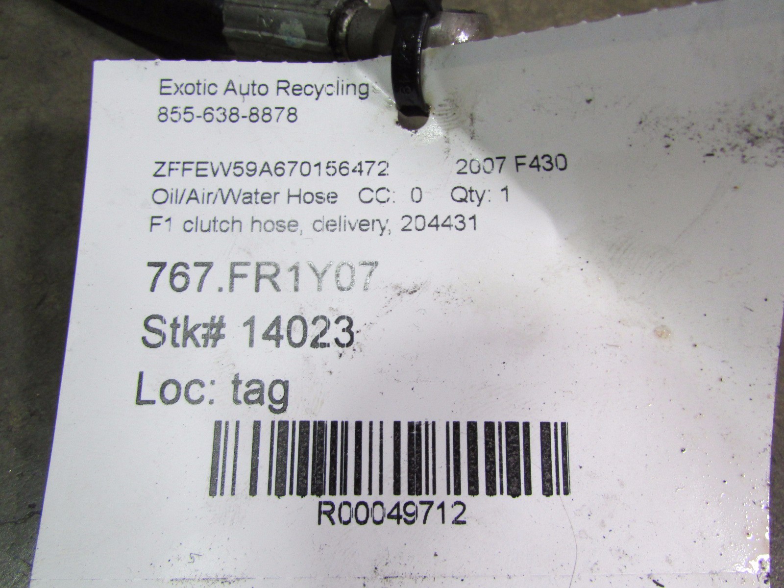 Ferrari F430 F1 Clutch Oil Delivery Hose, Used P/N 204431