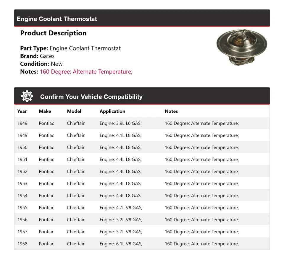 Termostato de refrigerante para motor Pontiac Chieftain 1949-1958 puertas 1950 1951 1952 Foto 2 de 4