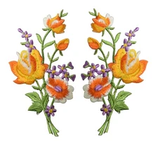 #5093O Lot 2Pcs Orange Rose Flower Embroidery Iron On Appliqué Patch/Pair