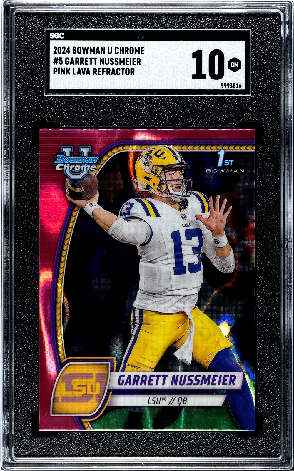 2024 Bowman University Chrome #5 Garrett Nussmeier PINK LAVA REFRACTOR SGC 10