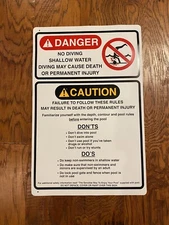 DANGER No Diving Plastic Shallow Water Warning Safety Sign 18"x12" Don'ts Do's