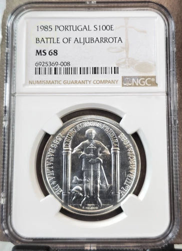 1985 PORTUGAL SILVER 100 ESCUDOS BATTLE OF ALJUBARROTA NGC MS 68 GREAT COIN
