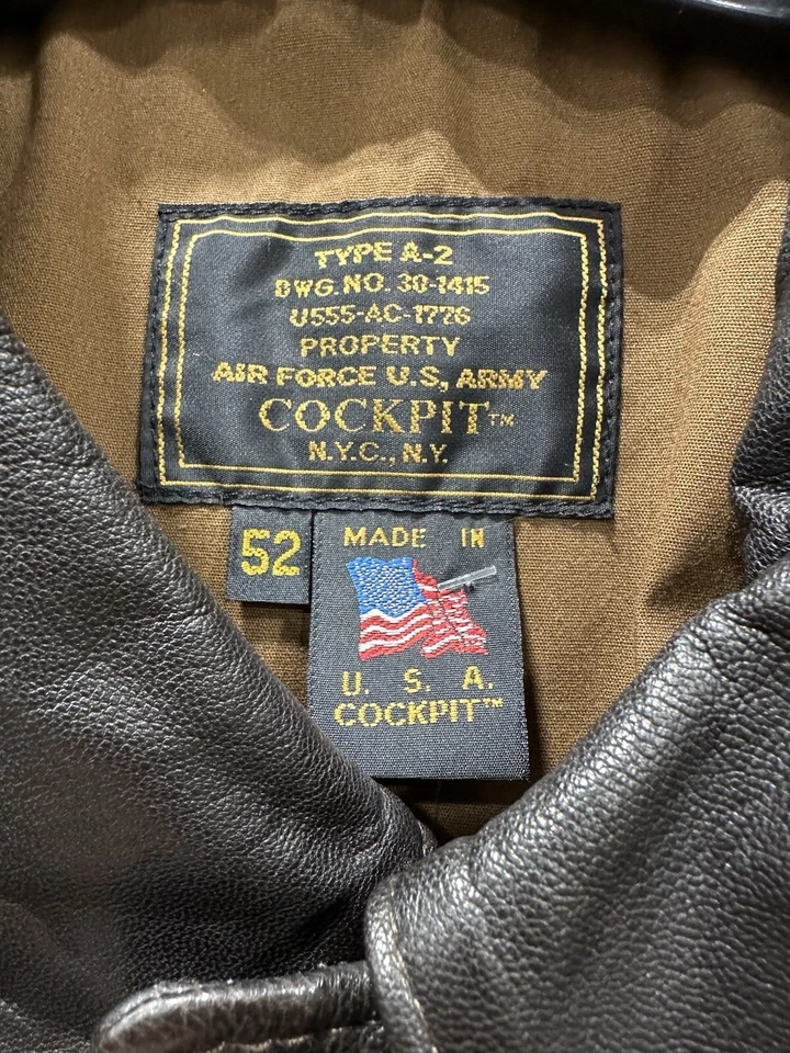 Кожаная куртка-бомбер COCKPIT мужская 52 тип A-2 ВВС США для полета на молнии пальто - Изображение 2 из 4