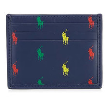 NWT Polo Ralph Lauren Smooth Navy Leather COLORFUL PONY LOGO Card Case Wallet