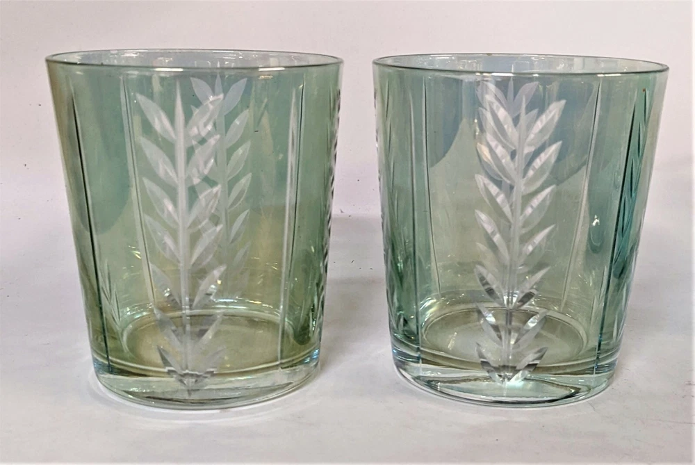 Tumbler Glasses Etched Wheat Motif Light Green Iridescent Old Fashioned Lot of 2