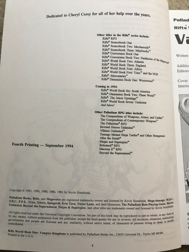 RIFTS Vampire Kingdoms *Palladium Books* 4th Printing #802 - Picture 3 of 3