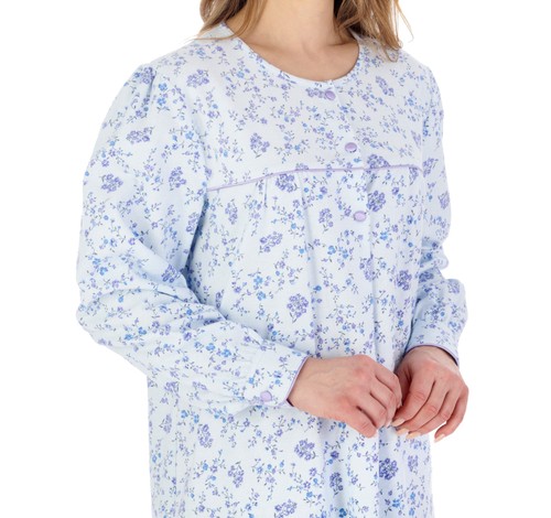 Nightdress Womens Slenderella Floral Brushed Cotton Cuff Sleeve Long Nightie - Picture 17 of 44